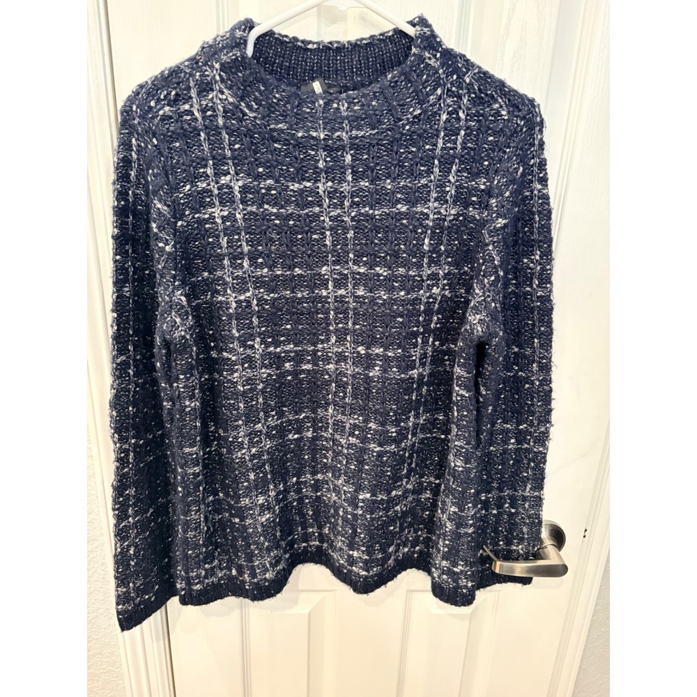 Ann Taylor Factory Sweater Navy Blue White Grid Plaid Mock Neck Knit Pullover